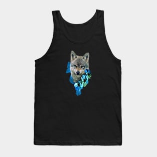 Cute Baby Wolf with blue Flowers Tank Top